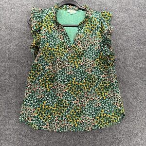 Jade Melody Tam Blouse Top Womens M Green Leopard Print Peasant Boho Cottage